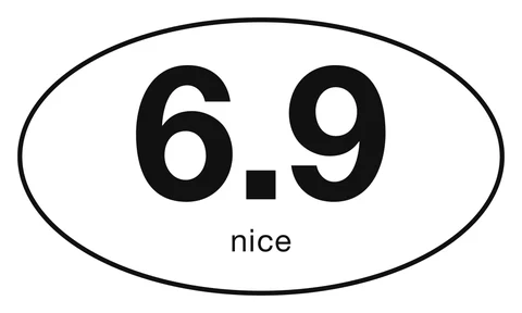 6.9 nice oval sticker: black 6.9 with nice underneath in a black-outlined white oval