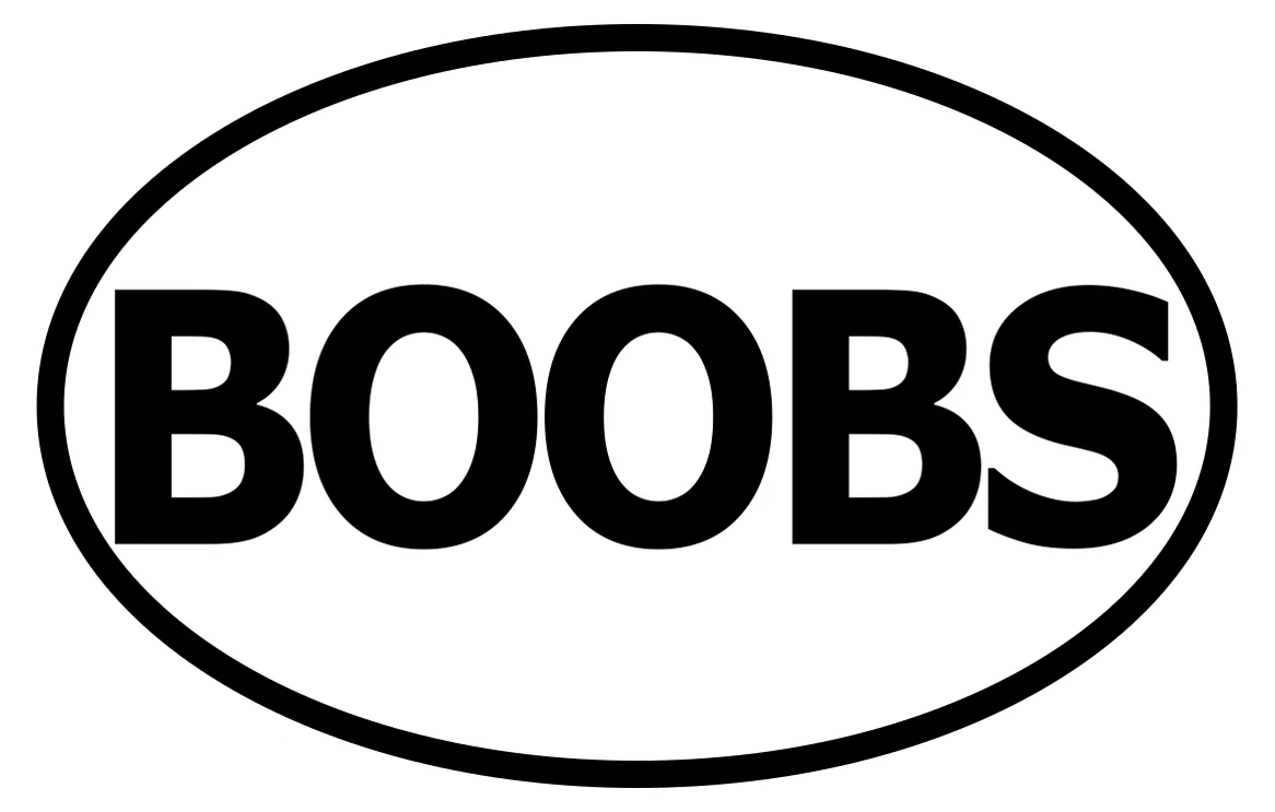Boobs oval sticker: bold black BOOBS in a black-outlined white oval