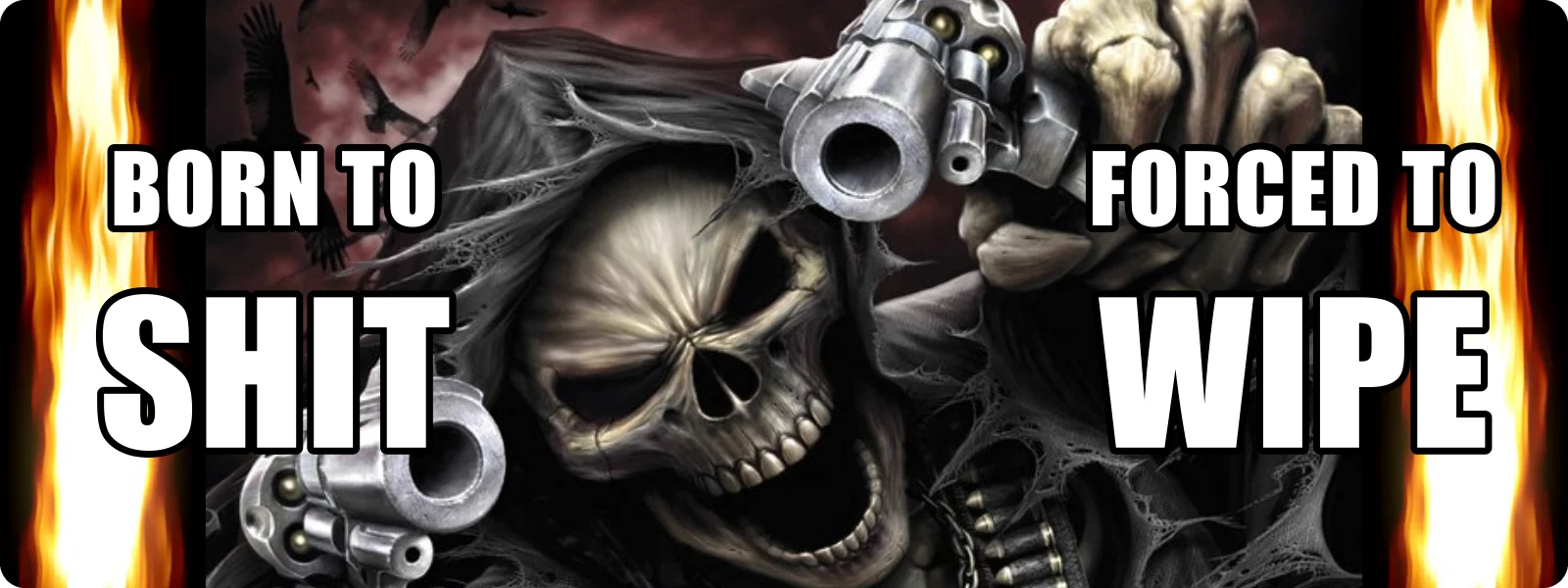 Born to shit, forced to wipe bumper sticker: a hooded skull reaper aiming two revolvers between walls of flame, with white meme lettering on each side