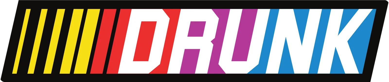 DRUNK racing decal sticker: yellow, orange and red speed stripes into slanted red, purple and blue DRUNK lettering, cut to shape
