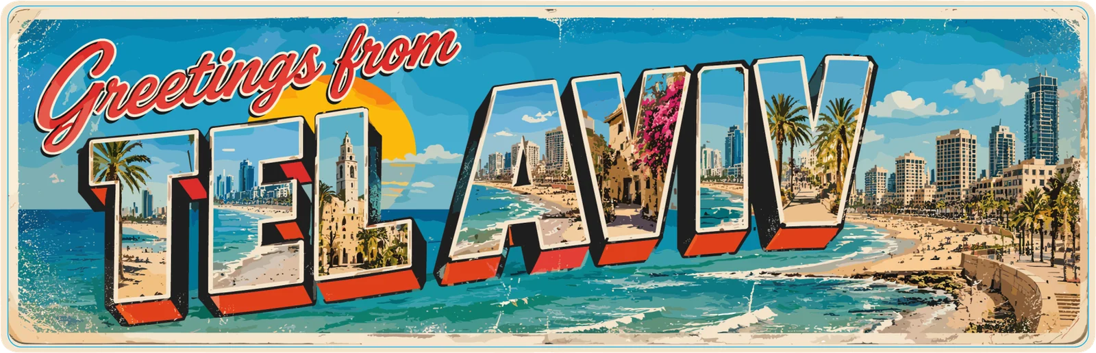 Greetings from Tel Aviv bumper sticker: a vintage postcard with beach and skyline scenes inside big block letters and red script