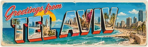 Greetings from Tel Aviv bumper sticker: a vintage postcard with beach and skyline scenes inside big block letters and red script