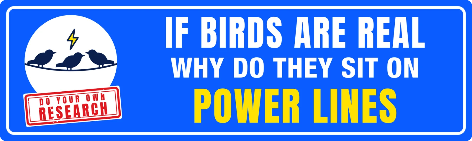 If birds are real why do they sit on power lines bumper sticker: three birds on a wire with a lightning bolt and a red research stamp beside white and yellow lettering on blue