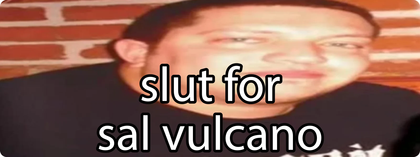 Slut for Sal Vulcano bumper sticker: a blurry photo of a man against a brick wall with white lettering