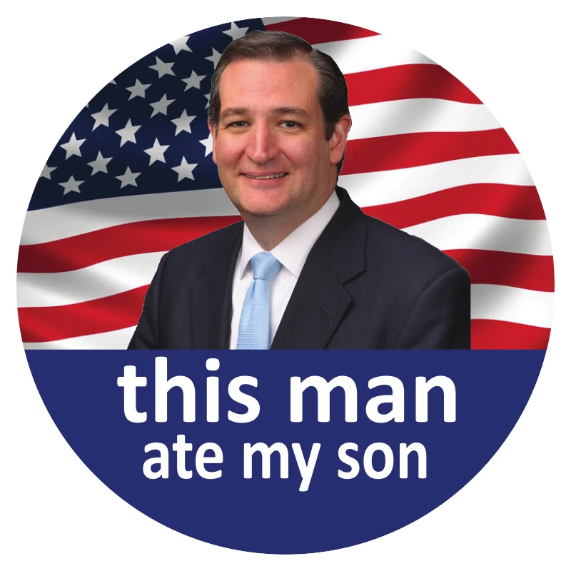 This man ate my son round sticker: a man's official portrait over an American flag, with white lettering on a navy band