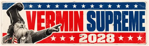 Vermin Supreme 2028 bumper sticker: a bearded man in a tall boot hat pointing, beside red and blue lettering and white stars on a faded campaign banner