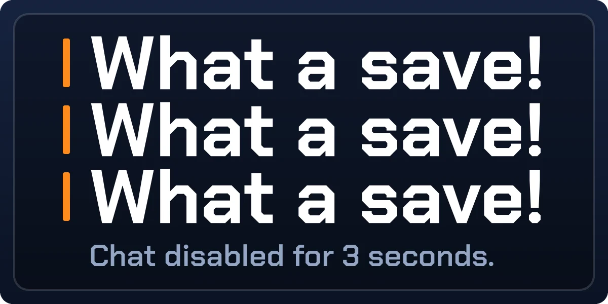 What a save! bumper sticker: three lines of game chat on a dark panel, with chat disabled for 3 seconds underneath
